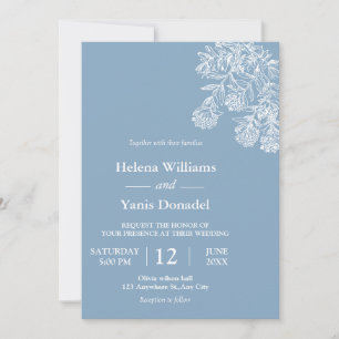 Budget Dusty Blue Drawn Botanical Wedding Einladung