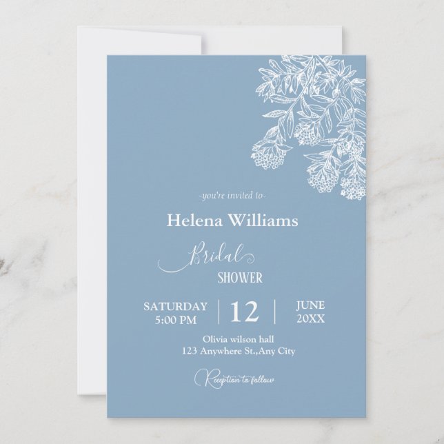 Budget Dusty Blue Drawn Botanical Wedding Einladung (Vorderseite)