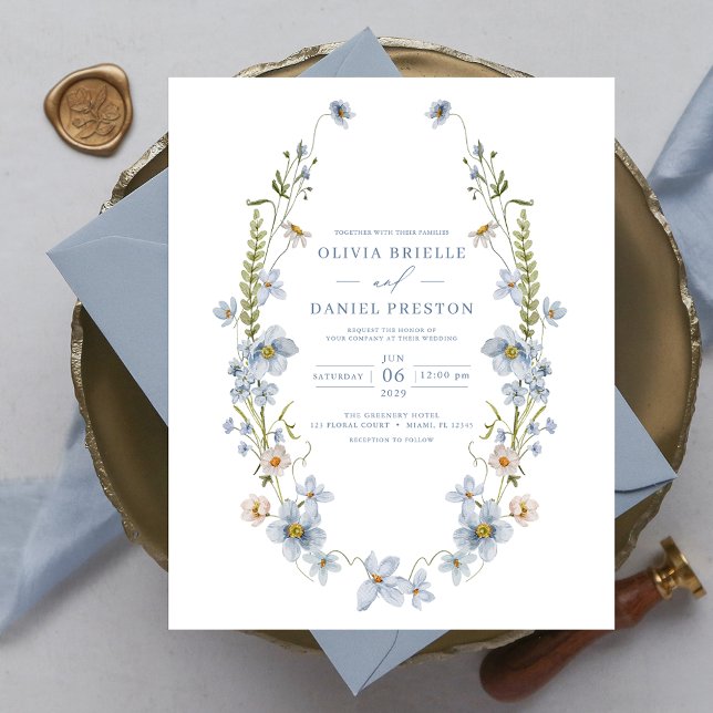 Budget Dusty Blue Elegante Hochzeit Einladung Flyer (Von Creator hochgeladen)