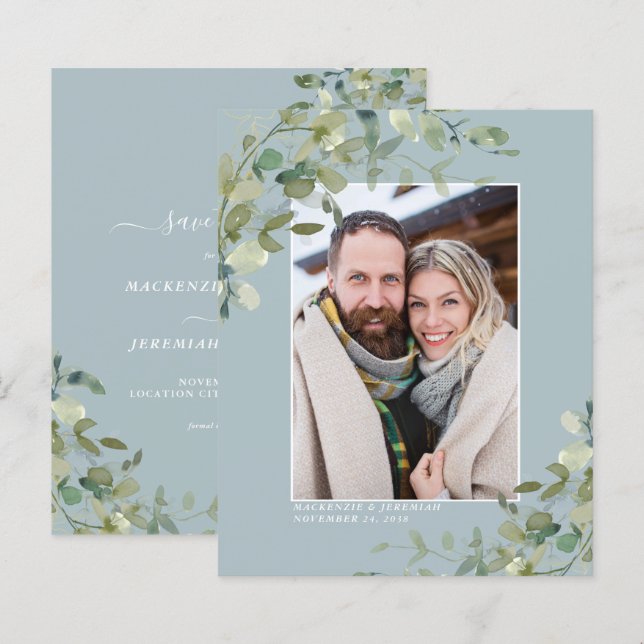 Budget Dusty Blue Eucalyptus Foto Save the Date (Vorne/Hinten)