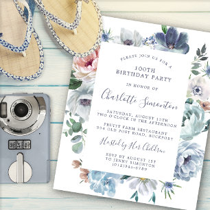 Budget Dusty Blue Floral 100. Geburtstag Einladung