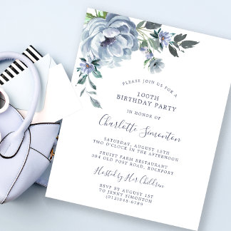Budget Dusty Blue Floral 100. Geburtstag Einladung