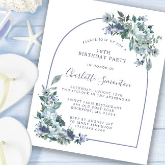 Budget Dusty Blue Floral 18. Geburtstag Einladung