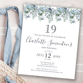 Budget Dusty Blue Floral 19. Geburtstag Einladung