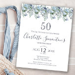Budget Dusty Blue Floral 50. Geburtstag Einladung<br><div class="desc">Eine staubige blaue Torone und Wildblumen schmücken eine hübsche Geburtstagseinladung. Moderne Kalligraphie ergänzt den Boho Vibe.</div>