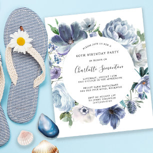 Budget Dusty Blue Floral 60. Geburtstag Einladung