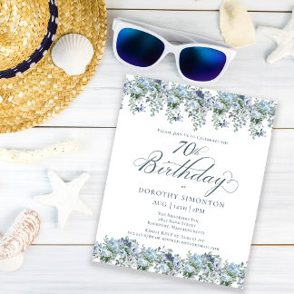Budget Dusty Blue Floral 70. Geburtstag Einladung