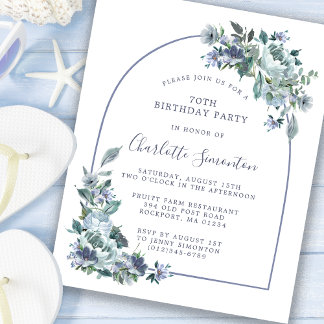 Budget Dusty Blue Floral 70. Geburtstag Einladung