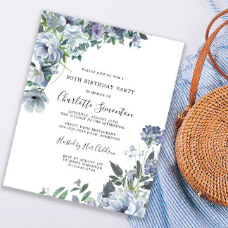 Budget Dusty Blue Floral 90. Geburtstag Einladung