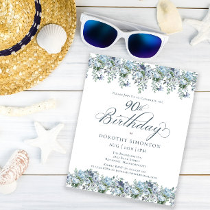 Budget Dusty Blue Floral 90. Geburtstag Einladung