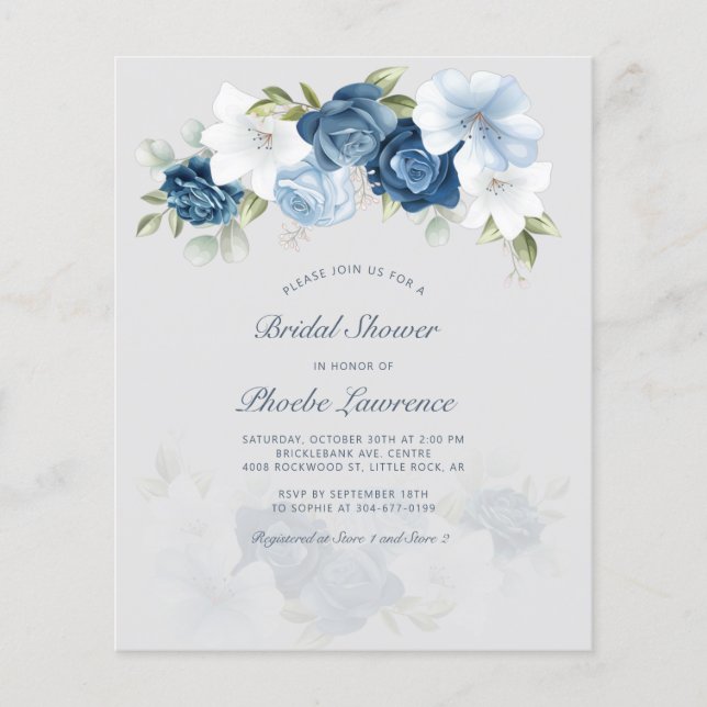 Budget Dusty Blue Floral Bridal Dusche Einladung (Vorderseite)