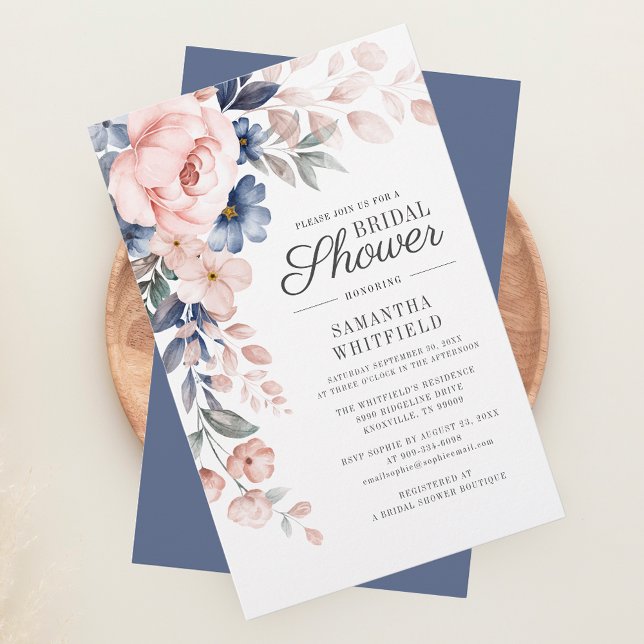 Budget Dusty Blue Floral Bridal Dusche Einladung Briefpapier (Blush Pink Floral Script Bridal Shower Invitation Stationery)