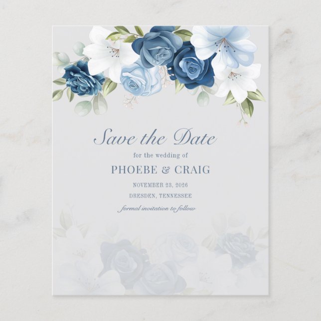 Budget Dusty Blue Floral Eukalyptus Save the Date (Vorderseite)