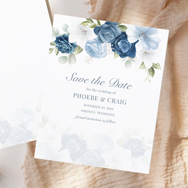 Budget Dusty Blue Floral Eukalyptus Save the Date (Dusty Blue Floral Wedding Save the Date Watercolor Announcement)