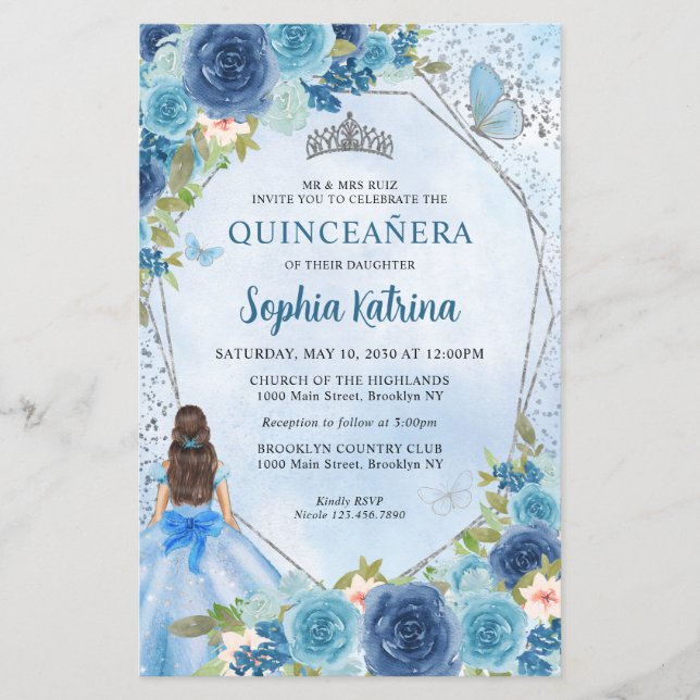 Budget Dusty Blue Floral Gray Princess Quinceañera (Vorderseite)