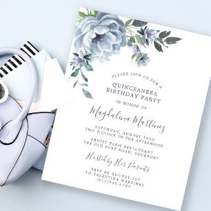 Budget Dusty Blue Floral Quinceanera Einladung