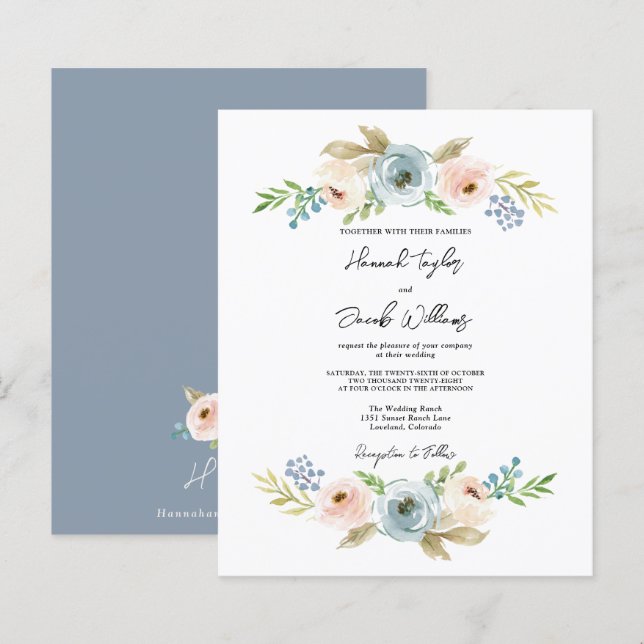 Budget Dusty Blue Floral Rustic Wedite Einladung (Vorne/Hinten)