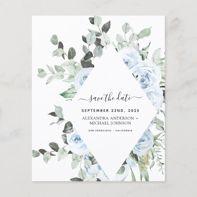 Budget Dusty Blue Floral Save the Date Greenery Flyer (Vorne)