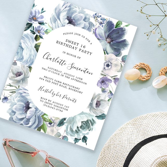 Budget Dusty Blue Floral Sweet 16 Einladung (Von Creator hochgeladen)
