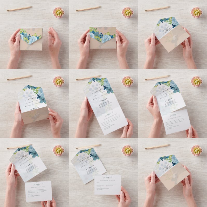 Budget Dusty Blue Floral Wedding All In One Einladung