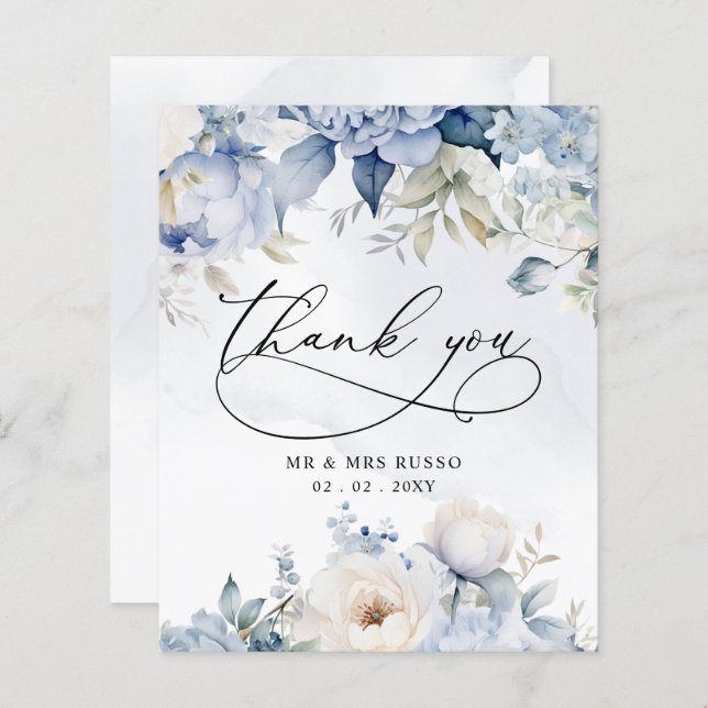 Budget Dusty Blue Floral Wedding Danke Karte (Vorne/Hinten)