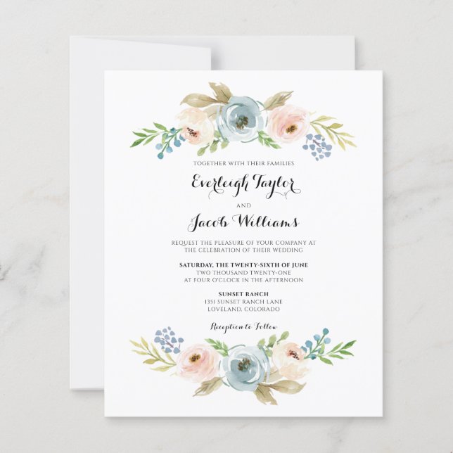 Budget Dusty Blue Floral Wedding Einladung (Vorderseite)