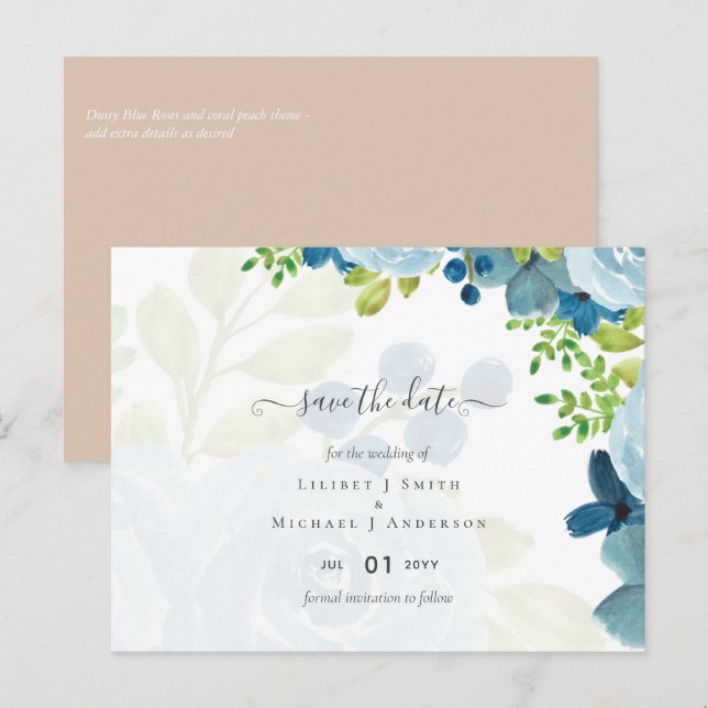 Budget Dusty Blue Floral Wedding Postkarte (Vorne/Hinten)