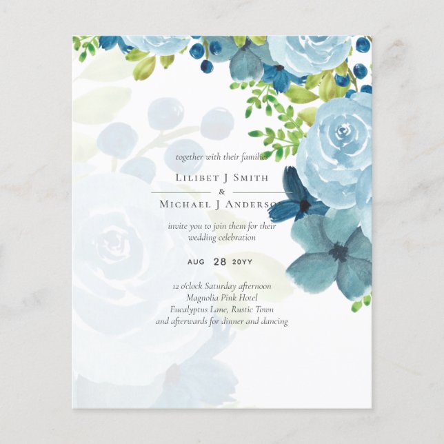 Budget Dusty Blue Flowers Sage Wedding Flyer (Vorne)