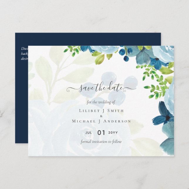 Budget Dusty Blue Flowers Sage Wedding Postkarte (Vorne/Hinten)