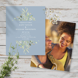 Budget Dusty Blue Foliage Wedding Foto Einladung