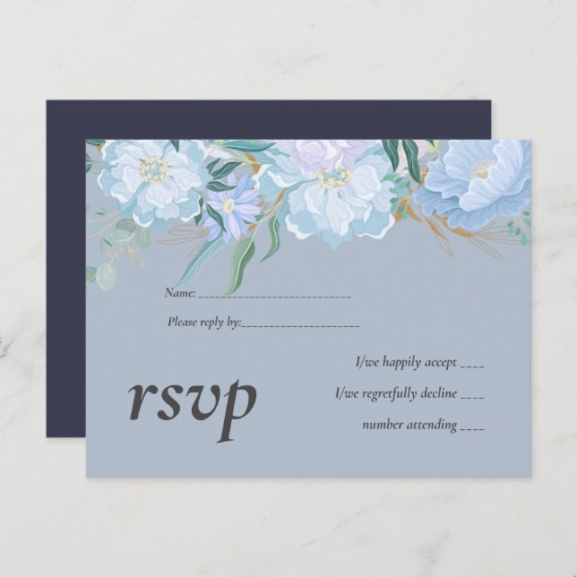 Budget DUSTY BLUE Foliage Wedding RSVP Einladungspostkarte (Vorne/Hinten)