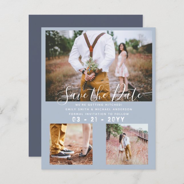 Budget Dusty Blue Foto Collage Save the Date (Vorne/Hinten)