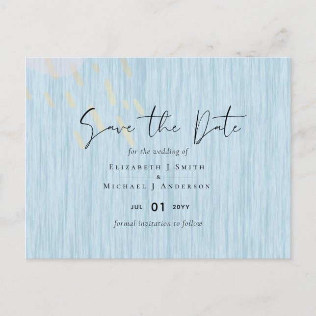 Budget Dusty Blue Gold Hochzeitskript Postkarte (Vorderseite)