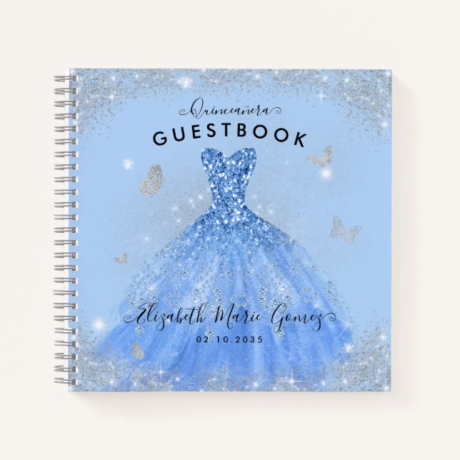 Budget Dusty Blue Gray Gown Quinceanera Guestbook Notizbuch (Vorderseite)