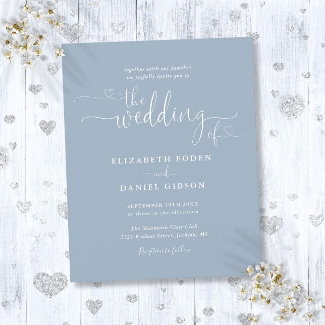Budget Dusty Blue Hearts Script Wedding Einladung (Budget Dusty Blue Hearts Script Wedding Invite)