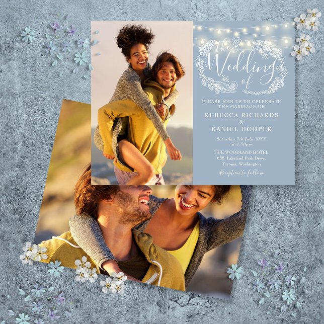 Budget Dusty Blue Lights 2 Foto Hochzeit Einladung (Budget Dusty Blue Lights 2 Photo Wedding Invite)
