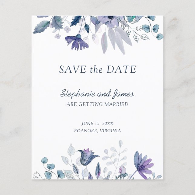 Budget Dusty Blue Lila Floral Save the Date Card (Vorderseite)