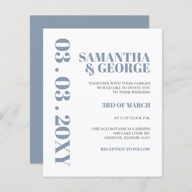 Budget Dusty Blue Modern Wedding Einladung (Vorne/Hinten)