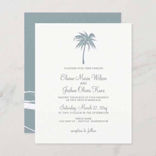 Budget Dusty Blue Palm Tree Hochzeitseinladungen (Vorne/Hinten)