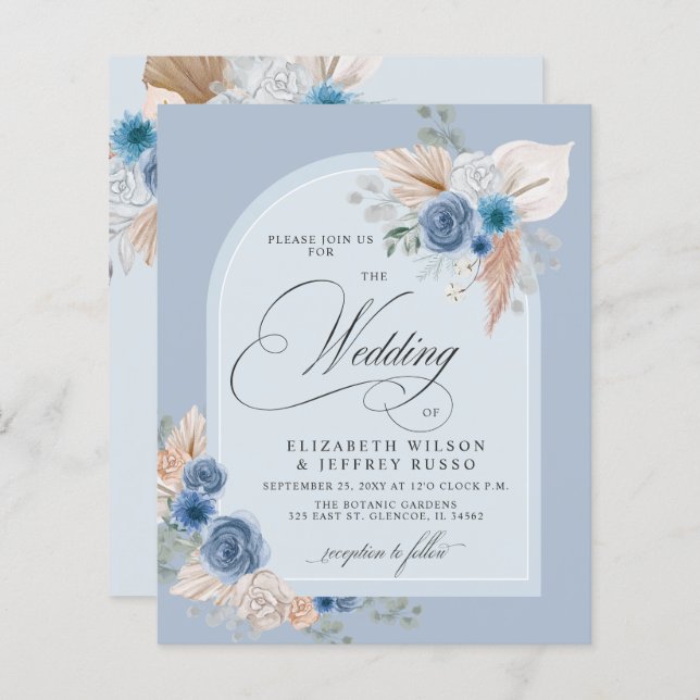 Budget Dusty Blue Pampas Hochzeitseinladung (Vorne/Hinten)