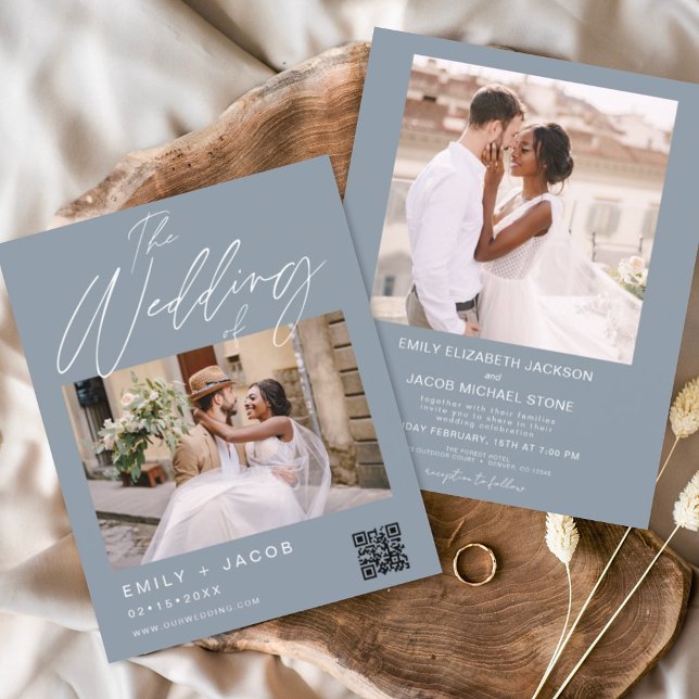 Budget Dusty Blue QR Code Foto Einladung Hochzeits (Von Creator hochgeladen)