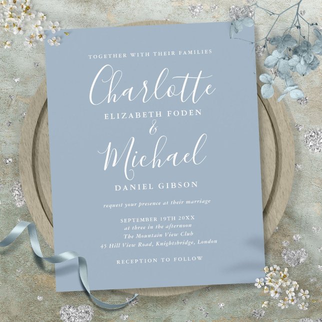 Budget Dusty Blue Script Einladung (Budget Dusty Blue Script Wedding Invitation)