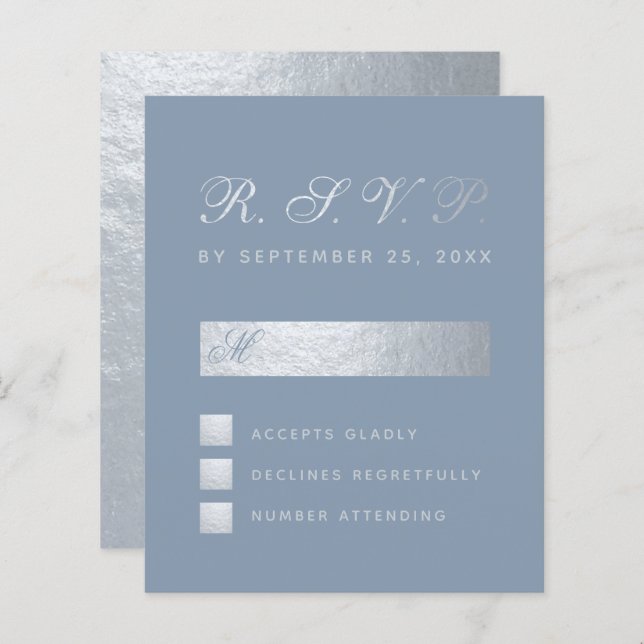 Budget Dusty Blue Silver Calligraphy Wedding RSVP (Vorne/Hinten)