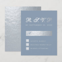 Budget Dusty Blue Silver Calligraphy Wedding RSVP