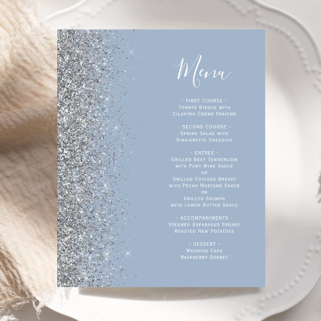 Budget Dusty Blue Silver Glitzer Edge Wedding Menu (Von Creator hochgeladen)