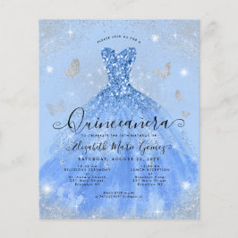 Budget Dusty Blue Silver Gown Quinceanera Einladun