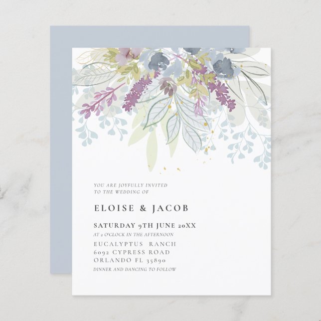 Budget Dusty Blue Watercolor Foliage Hochzeit (Vorne/Hinten)