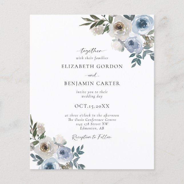 Budget Dusty Blue Wedding Floral Elegantes Skript (Vorderseite)