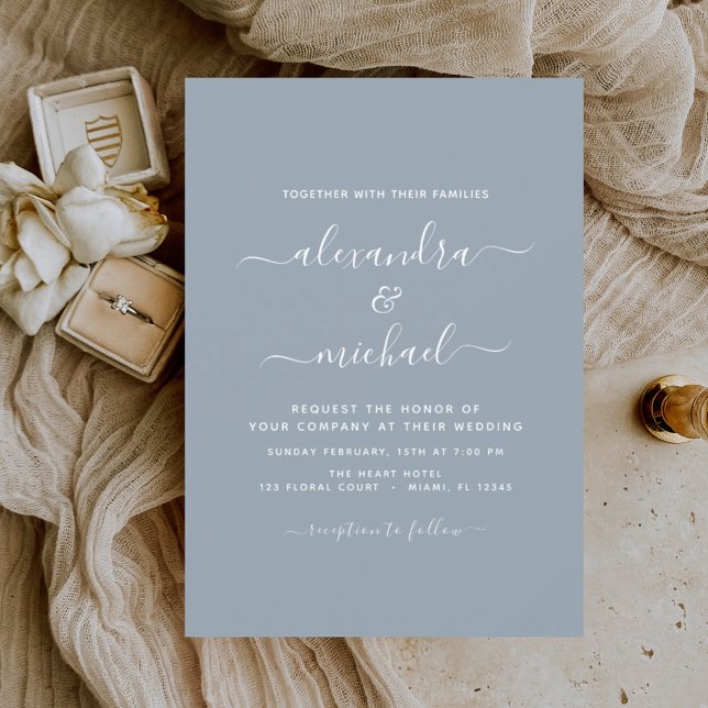 Budget Dusty Blue Wedding Modern Typografy Flyer (Von Creator hochgeladen)