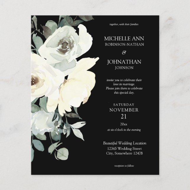 Budget Dusty Blue & Whi Floral Black Wedding Flyer (Vorne)